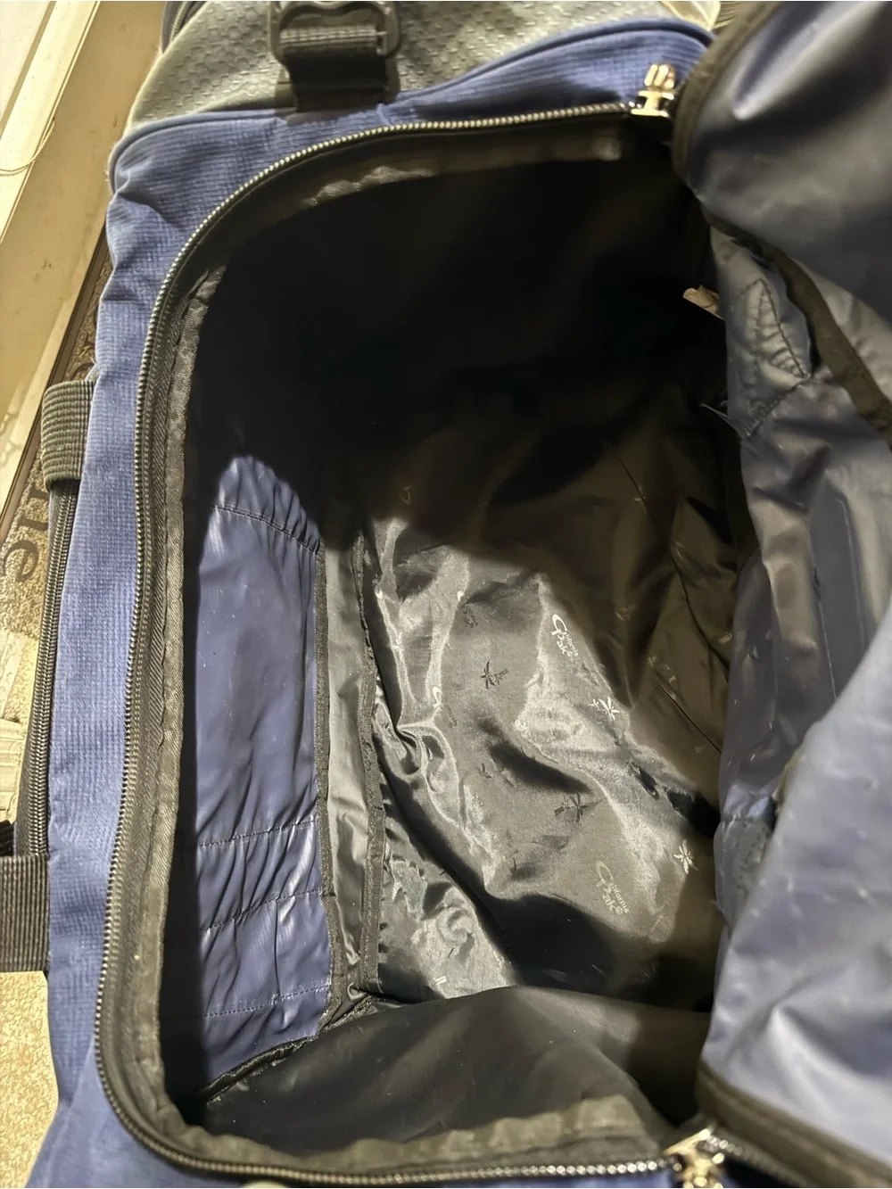 Calpak Navy and Gray Travel Duffel with Black Straps